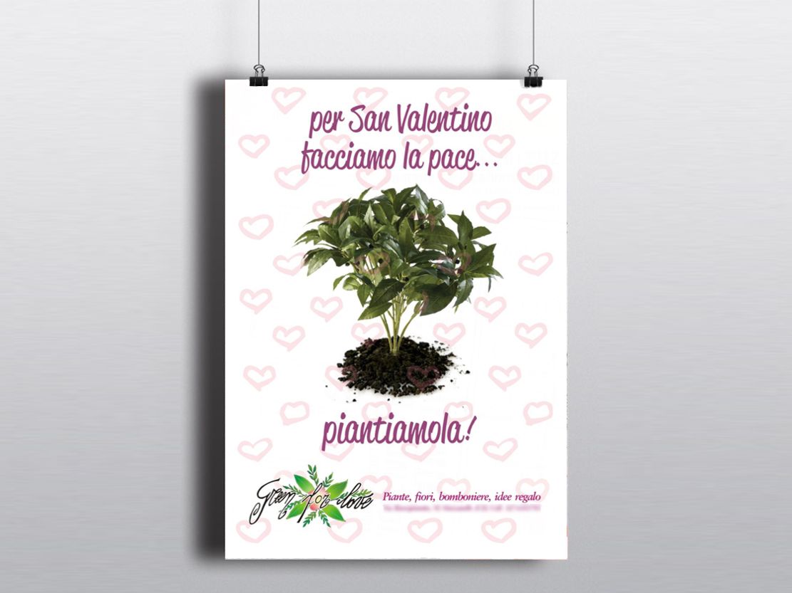 Cartolina e volantino per campagna San Valentino di 'Green for Love' negozio fiori e piante.