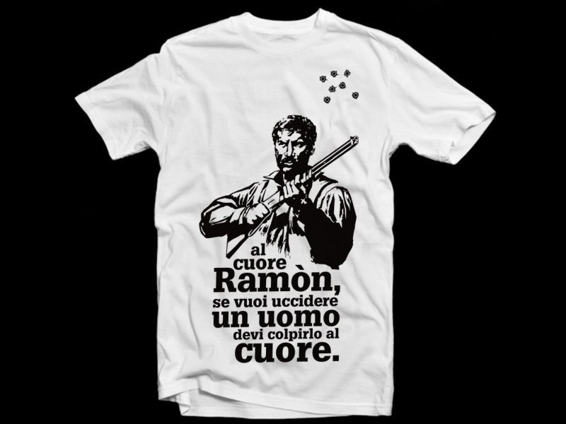 Terza T-shirt di tre esercitazioni dedicate al genio di Sergio Leone in termoapplicato nero.